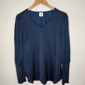 CAbi Timeless Pleated Shoulder Top Silky Statement Sleeve #3959 Navy Size Med
